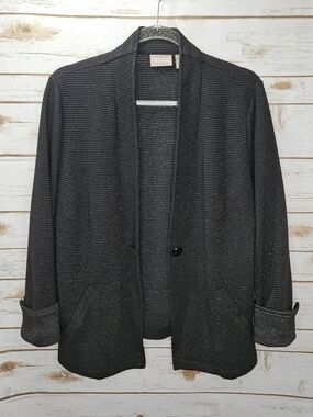 Chicos Black Sparkle Knit One Button Cardigan Blazer Chico's 1= Medium 8-10